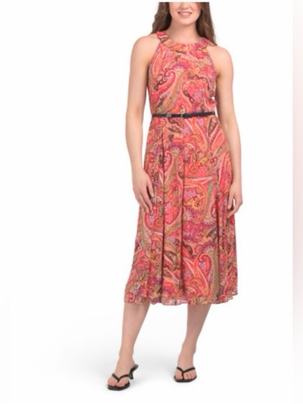 Tommy Hilfiger Paisley-Print Belted Chiffon Midi Dress Size 16